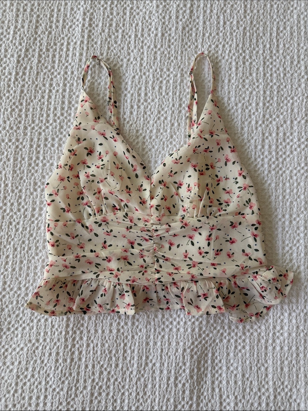 Princess Polly Cream Floral Ruffle Crop Cami